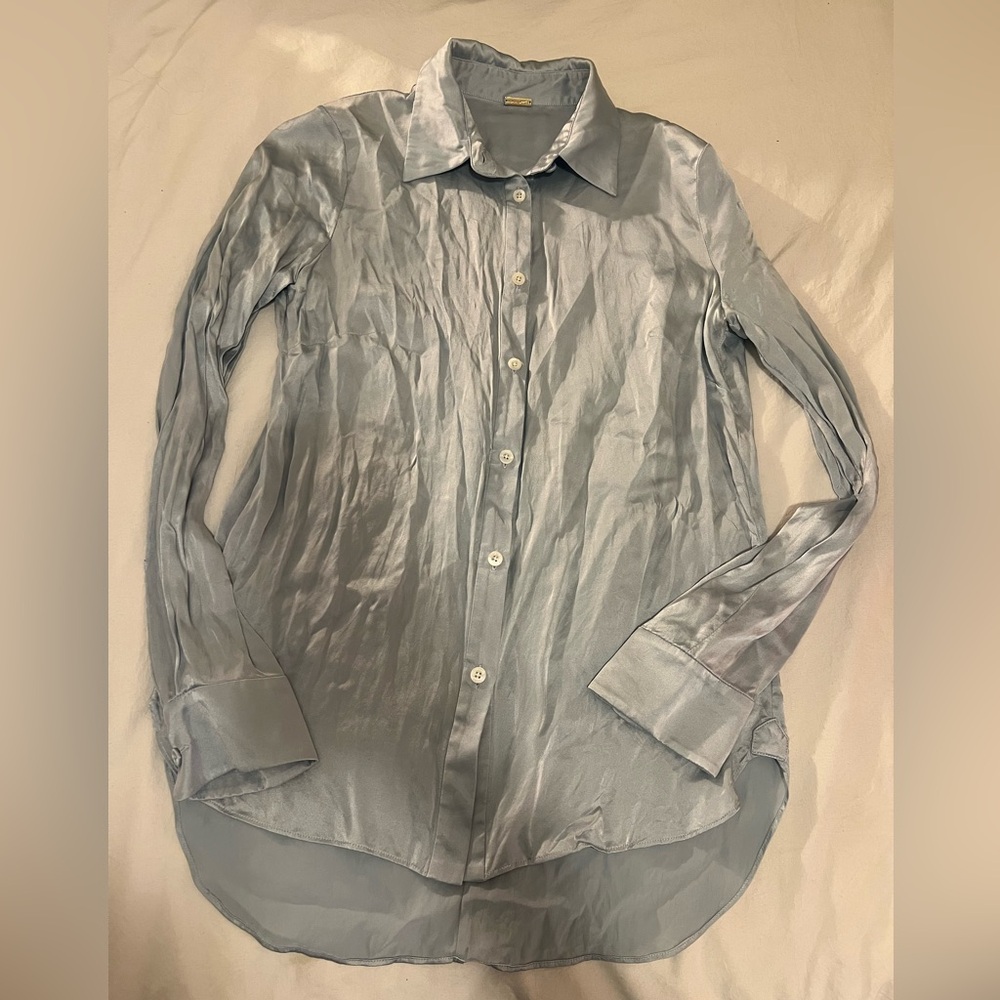 Adam Lippes Blue Button Up Satin Shirt